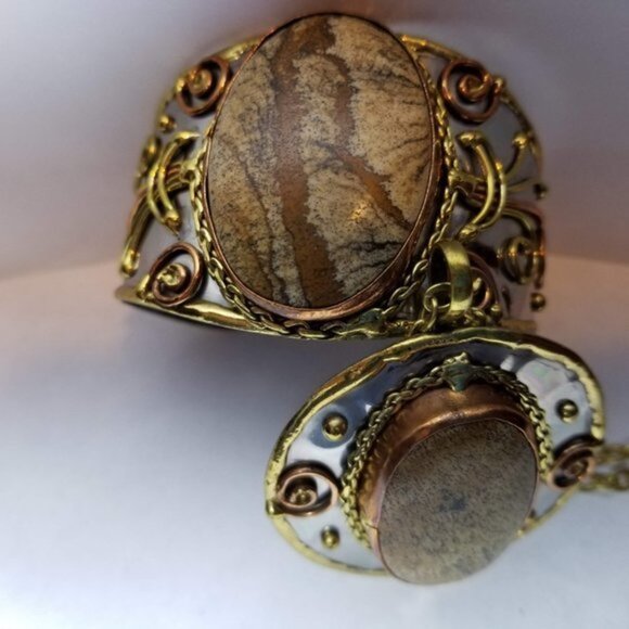 New With Tags Artisan Crafted Natural Picture Jasper Necklace and Cuff Bracelet - Picture 6 of 6